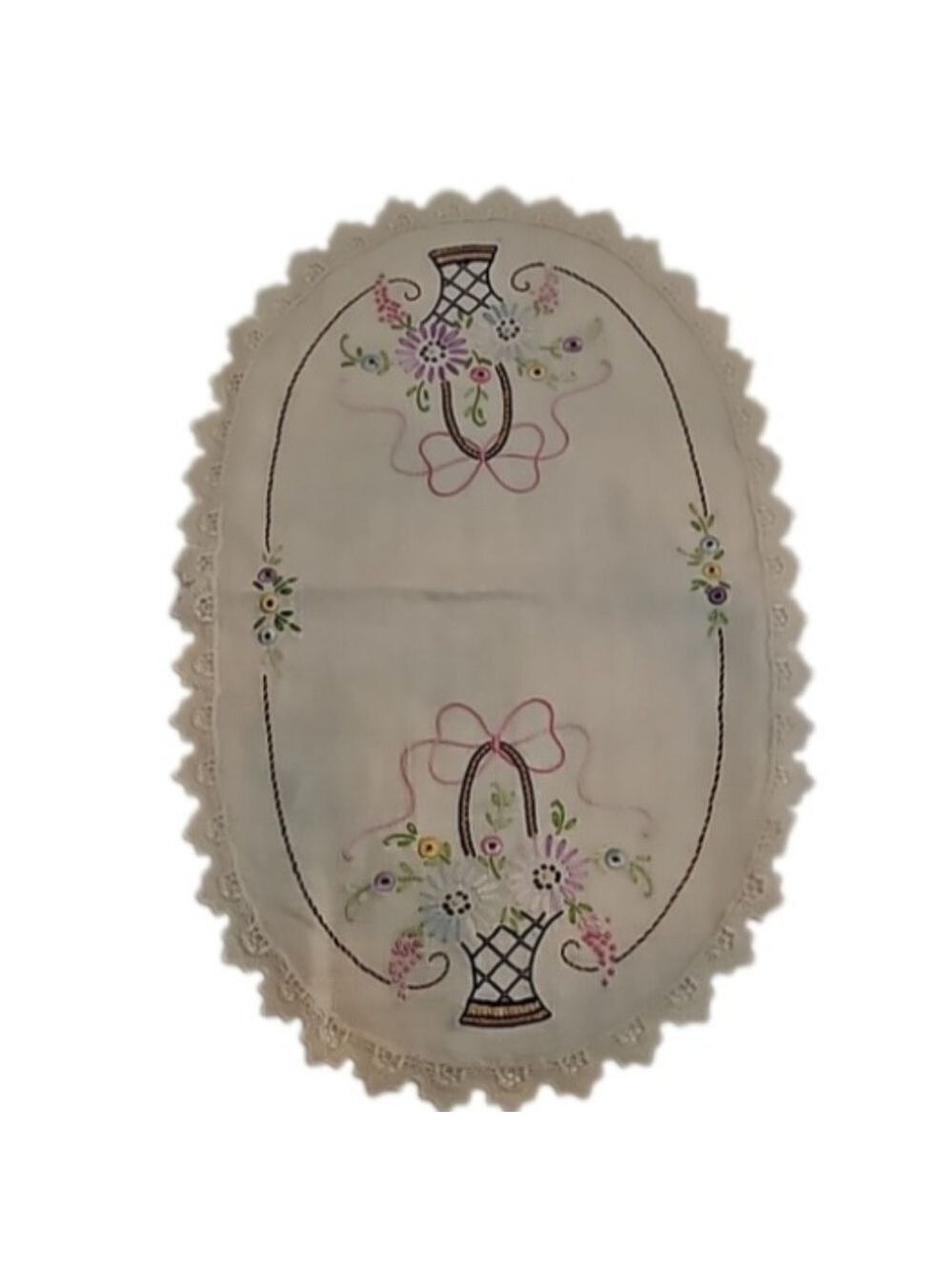 Vintage Hand Stitched Needlepoint Doily Oval Floral